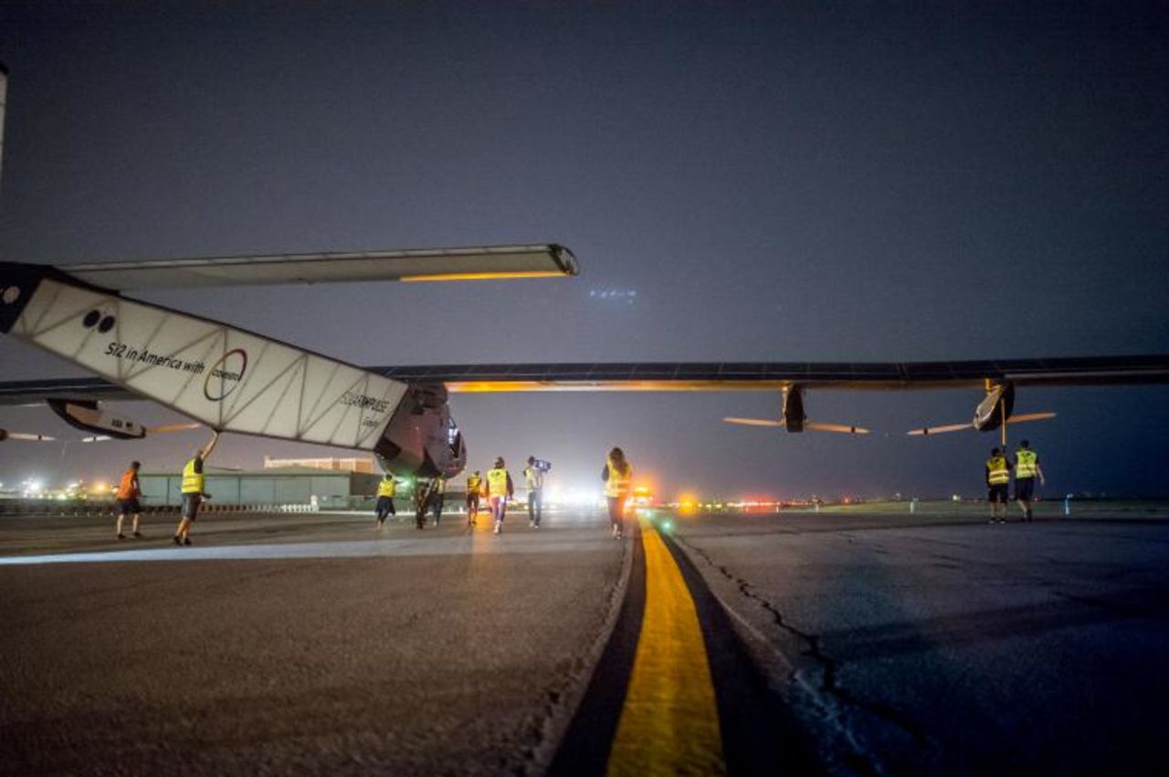 Solar Impulse 2 sits on the runway at JFK international airport prior to departing to cross the Atlantic on June 20, 2016.