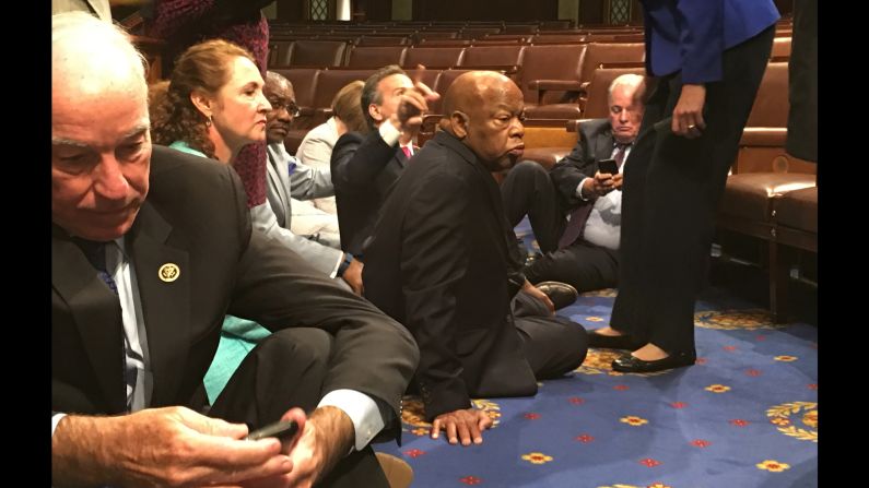 U.S. Rep. John Lewis, center, sits with other Democrats on the House floor as they try to force a vote on gun control measures on Wednesday, June 22. Lewis, a civil-rights icon, launched the protest in the wake of the Orlando nightclub shooting -- the deadliest mass shooting in U.S. history. "We have turned deaf ears to the blood of the innocent and the concern of our nation," he said on Facebook. "We will use nonviolence to fight gun violence and inaction." The sit-in <a href="http://www.cnn.com/2016/06/22/politics/john-lewis-sit-in-gun-violence/index.html" target="_blank">ended a day later,</a> after the House GOP swiftly adjourned for a recess, but Lewis said the fight was not over. 