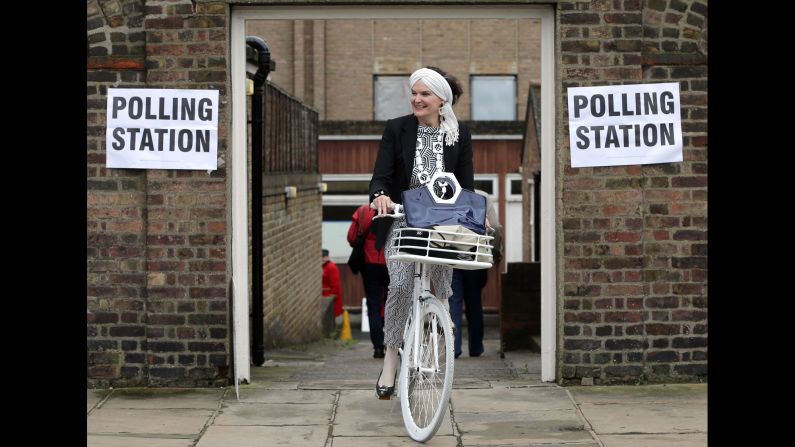 A woman leaves a polling station in London on Thursday, June 23. Voters were deciding whether the United Kingdom should leave the European Union.