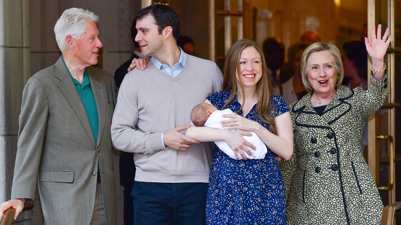Chelsea Clinton holds her newborn son, Aidan Clinton Mezvinsky, as she leaves a New York hospital with her husband, Marc, and her parents on Monday, June 20. It's <a href="http://www.cnn.com/2016/06/18/politics/chelsea-clinton-son-aidan-clinton-mezvinsky/" target="_blank">the second grandchild</a> for former U.S. President Bill Clinton and presidential candidate Hillary Clinton.