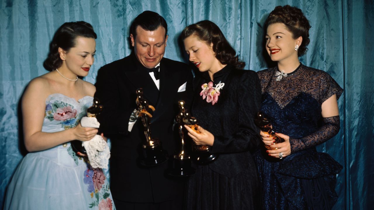 The actress, far left, appears in the winners' circle with Harold Russell, Cathy O'Donnell and Anne Baxter at the Academy Awards in 1947. De Havilland won for "To Each His Own," while Russell picked up the best supporting actor Oscar and an honorary award for playing a disabled veteran in best picture winner "The Best Years of Our Lives," featuring O'Donnell as his girlfriend. Baxter, right, was best supporting actress for "The Razor's Edge."