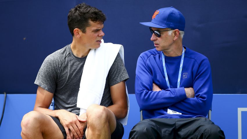 LONDON, ENGLAND - JUNE 19:  Milos Raonic of Canada (L) sits with his coach John McEnroe (R) during a practice session ahead of his final match against Andy Murray of Great Britan during day seven of the Aegon Championships at the Queens Club on June 19, 2016 in London, England.  (Photo by Jordan Mansfield/Getty Images)