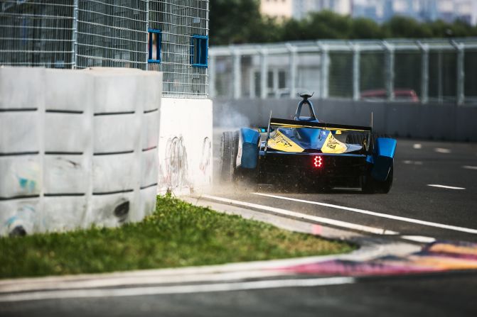 A Renault e.Dams car runs wide, spraying up gravel and dust at the Beijing ePrix. The Formula E season has seen teams compete across four continents with the final weekend being hosted by London's Battersea Park on July 2/3.