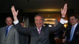 Nigel Farage, Leader of the United Kingdom Independence Party (UKIP), reacts during the Leave.EU referendum party at Millbank Tower in central London on June 24, as results indicate that the UK will leave the European Union.