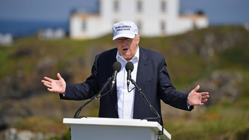 Presumptive Republican nominee for US president Donald Trump gives a press conference on the 9th tee at his Trump Turnberry Resort on June 24, 2016 in Ayr, Scotland.