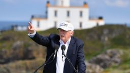 Presumptive Republican nominee for US president Donald Trump gives a press conference on the 9th tee at his Trump Turnberry Resort on June 24, 2016 in Ayr, Scotland. Mr Trump arrived to officially open his golf resort which has undergone an eight month refurbishment as part of an investment thought to be worth in the region of two hundred million pounds. 