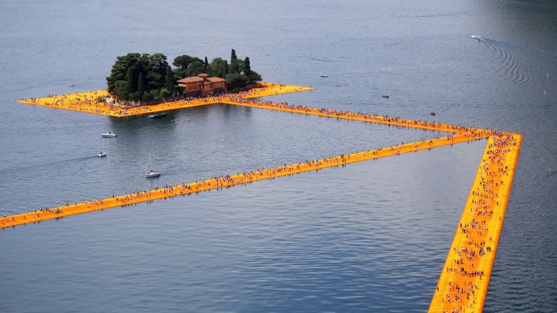 Constructed over Iseo Lake in northern Italy in June 2016, <a href="http://edition.cnn.com/2016/06/27/travel/floating-piers-lake-iseo-italy/">"The Floating Piers"</a> saw 200,000 floating cubes united to create a runway the village of Sulzano to the island of Monte Isola.