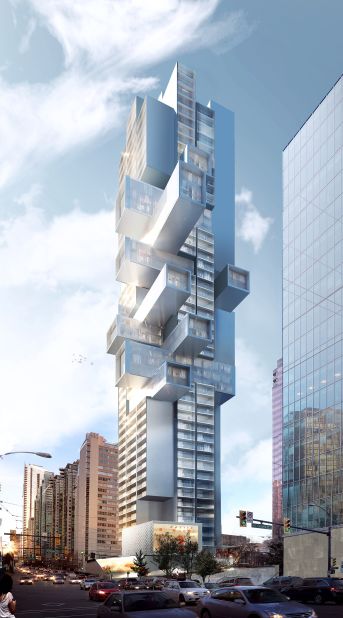 Although much of his work is in Asia, Scheeren designed this residential mixed-use high-rise in Vancouver, Canada. The building design is intended to incorporate horizontal living into a slender tower.
