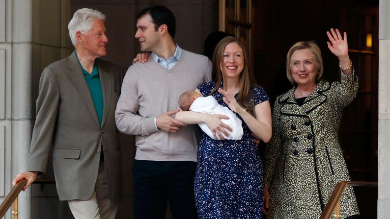 Chelsea Clinton holds her newborn son, Aidan Clinton Mezvinsky, as she leaves a New York hospital with her husband, Marc, and her parents on Monday, June 20. It's <a href="http://www.cnn.com/2016/06/18/politics/chelsea-clinton-son-aidan-clinton-mezvinsky/" target="_blank">the second grandchild</a> for former U.S. President Bill Clinton and presidential candidate Hillary Clinton.