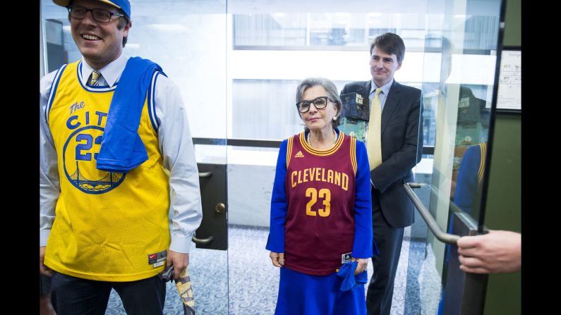 U.S. Sen. Barbara Boxer wears a Cleveland Cavaliers jersey to pay off an NBA Finals bet with U.S. Sen. Sherrod Brown on Wednesday, June 22. Boxer, a California Democrat, lost the bet with the Ohio senator after the Cavaliers <a href="http://www.cnn.com/2016/06/19/sport/gallery/nba-finals-game-7/index.html" target="_blank">defeated the Golden State Warriors</a> in seven games. Boxer also had to hand over beer from California's 21st Amendment Brewery.