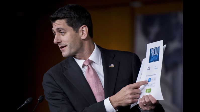House Speaker Paul Ryan holds up copies of Democratic fundraising letters during his weekly news conference on Thursday, June 23. Ryan called the sit-in protest by House Democrats <a href="http://www.cnn.com/2016/06/22/politics/paul-ryan-sit-in-guns-publicity-stunt/" target="_blank">"nothing more than a publicity stunt."</a>