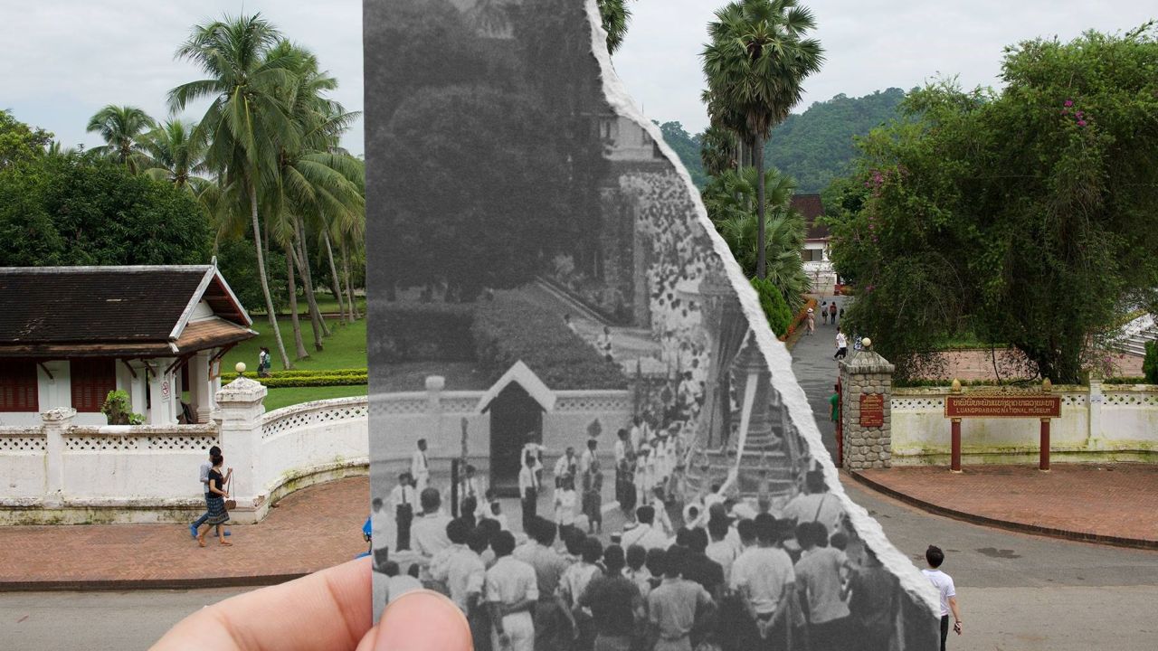 The entrance of the Royal Palace, Luang Prabang, during the funeral of Laotian King Sisavong Vong in 1959. "Nowadays we don't have kings anymore, just a lot of tourists," says Kounthawatphinyo.