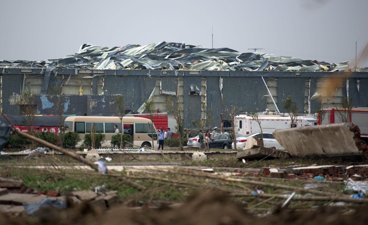 A damaged factory is seen on June 24 in the wake of the severe weather. The area affected around Yancheng, a city of more than 7 million residents, is densely populated with homes, farms and factories.