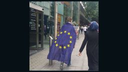 Sophie Lim was walking along a central London street when she snapped this picture of a passerby emblazoned in the EU flag.