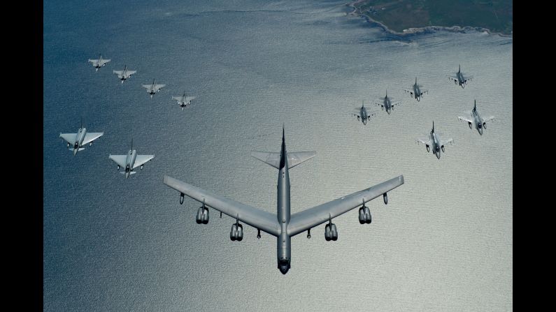 A B-52 Stratofortress leads a formation of fighter aircraft during a training exercise over the Baltic Sea on Thursday, June 9.