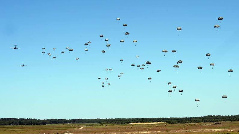 U.S. troops land near Torun, Poland, as part of a NATO military exercise on Tuesday, June 7.