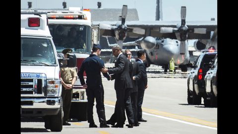 U.S. President Barack Obama shakes hands with Air Force Maj. Alex Turner, a pilot who safely ejected before <a href="http://www.cnn.com/2016/06/02/politics/military-plane-crash/" target="_blank">his Thunderbird F-16 crashed</a> near Colorado Springs, Colorado, on Thursday, June 2. Just before the crash, Turner was taking part in a flyover at the U.S. Air Force Academy's commencement ceremony. The President was attending the event.