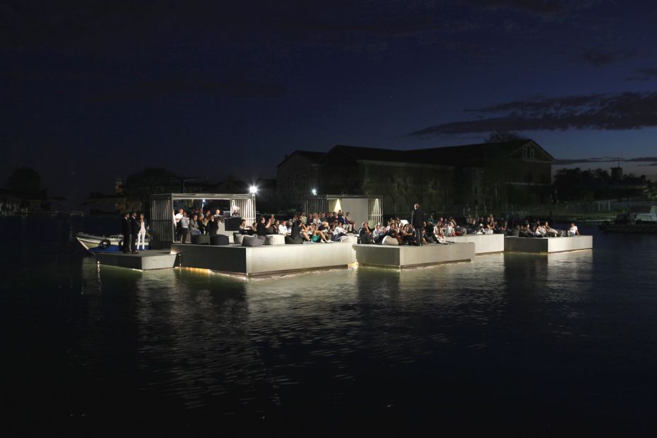 Guests were taken by boat to the floating cinema -- a modular structure assembled on the waters of Nai Pi Lae lagoon, Kudu Island -- and watched a film that was projected onto a screen built into the rocks.