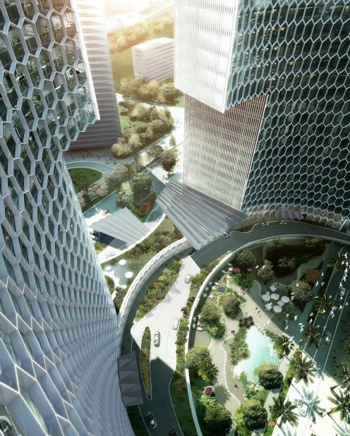 The two towers create a "civic nucleus" in the center of the development that connects Singapore's commercial corridor to the city's historic Kampong Glam district.