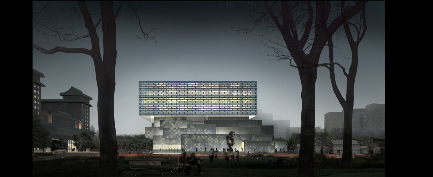 The building intends to situate itself among the surrounding historic courtyards and alleyways using traditional Chinese materials, colors and textures. The facade will incorporate Chinese symbols while oversized bricks -- which represent civil society and values -- comprise the upper ring of the building.
