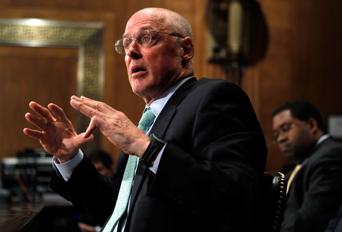 Former U.S. Treasury Secretary Henry Paulson testifies during a hearing before the Financial Crisis Inquiry Commission May 6, 2010 on Capitol Hill in Washington, DC.