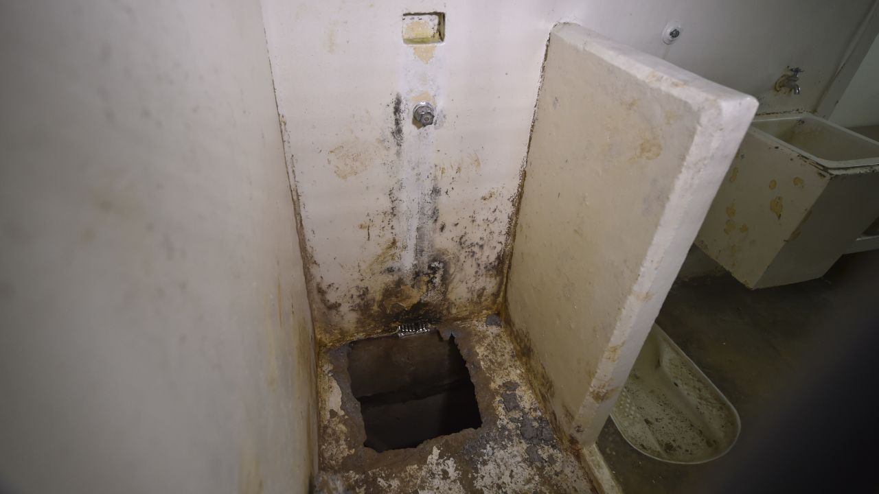 View of the hole in the shower of the Almoloya prison where Guzman was and through which he escaped in July 2015.