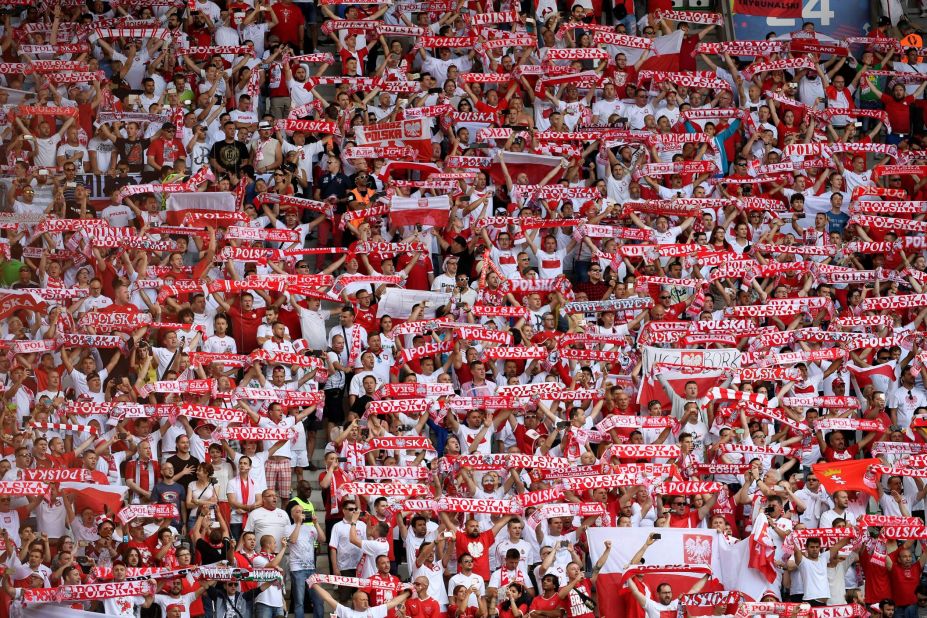Poland supporters cheer ahead the Euro 2016 Round of 16 football match between Switzerland and Poland.