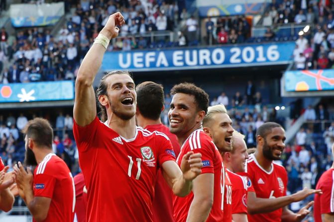 Wales forward Gareth Bale celebrates their 1-0 victory over Northern Ireland on Saturday, June 25, at the Parc des Princes stadium in Paris.