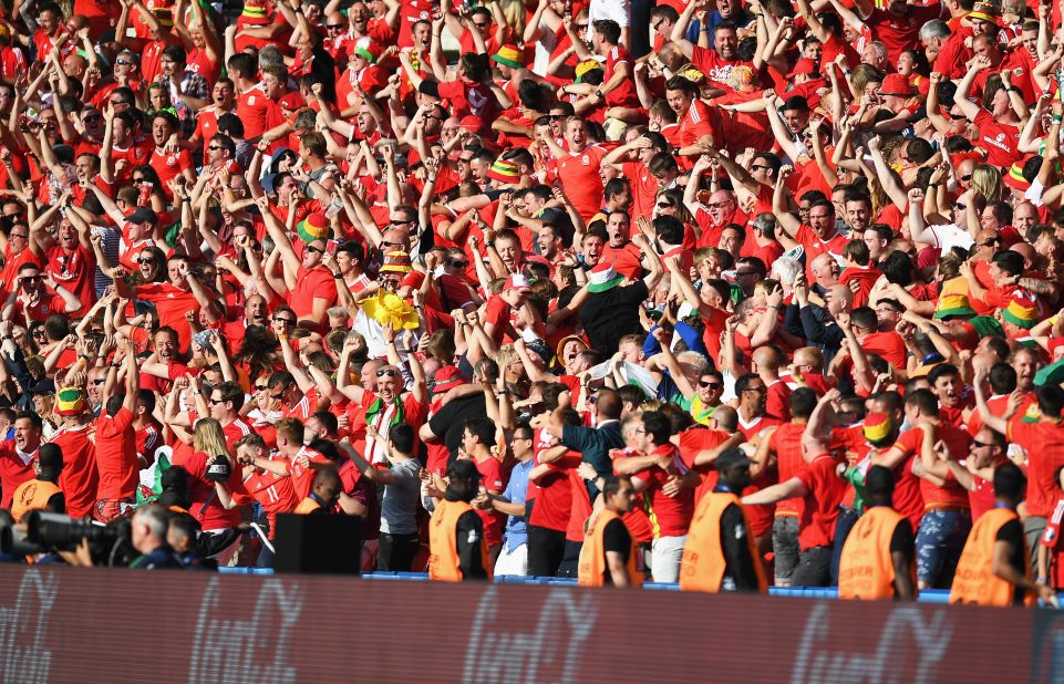 Wales supporters celebrate their team's first goal.