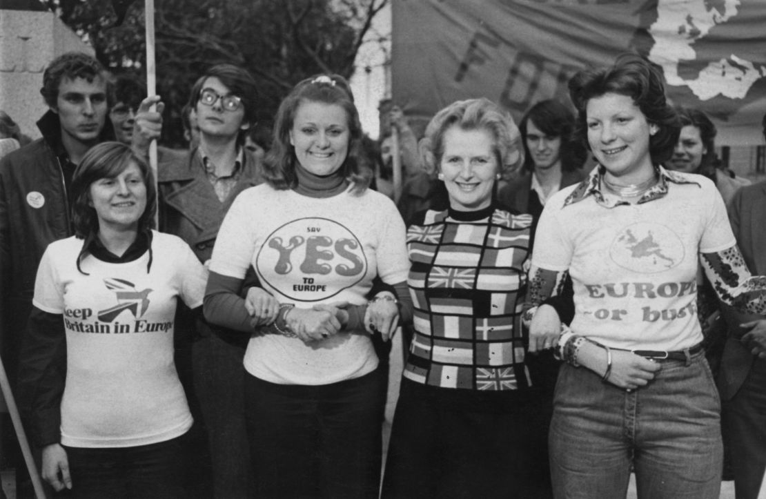 Newly-elected Conservative Party Leader Margaret Thatcher lends her support to the 'Keep Britain in Europe' campaign, June 4, 1975.
