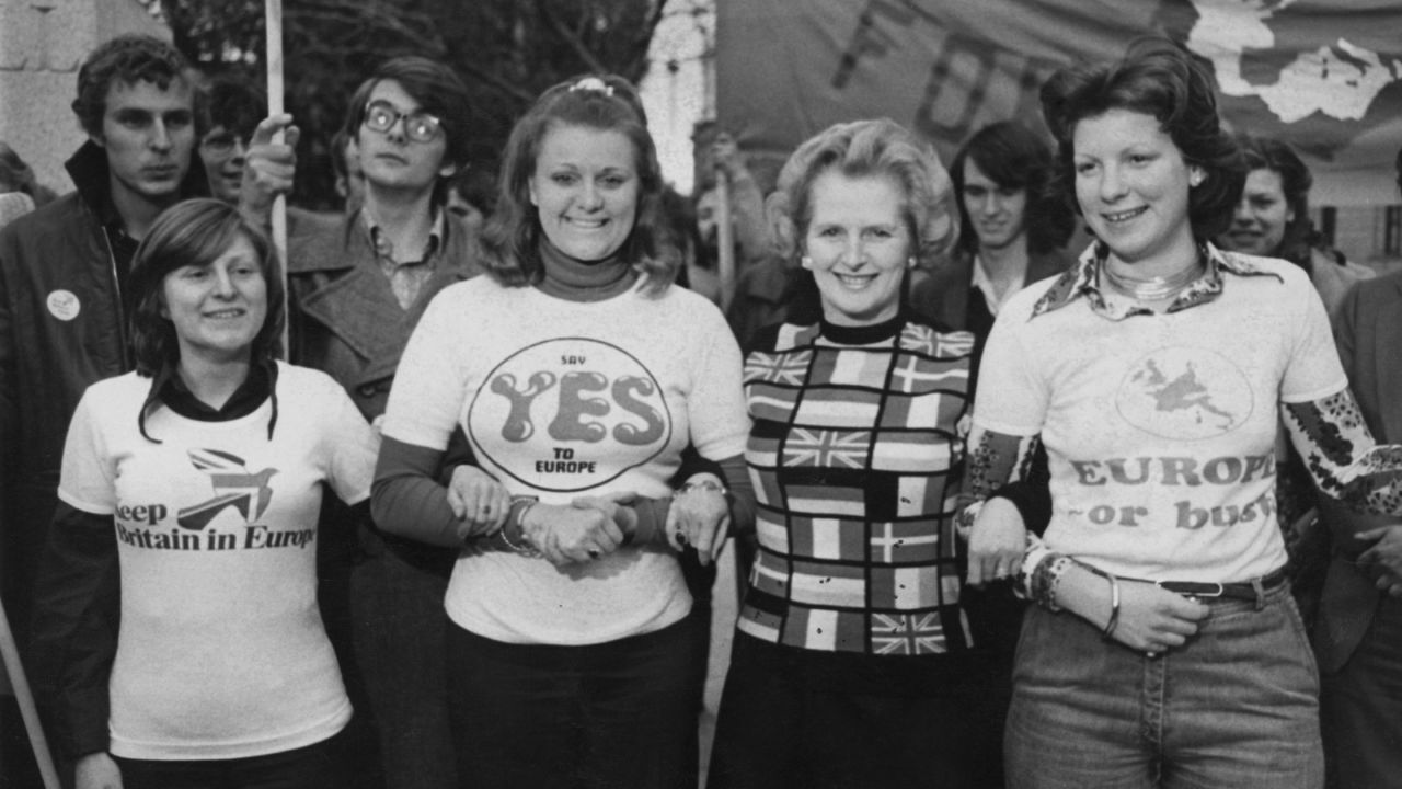 Newly-elected Conservative Party Leader Margaret Thatcher lends her support to the 'Keep Britain in Europe' campaign, June 4, 1975.
