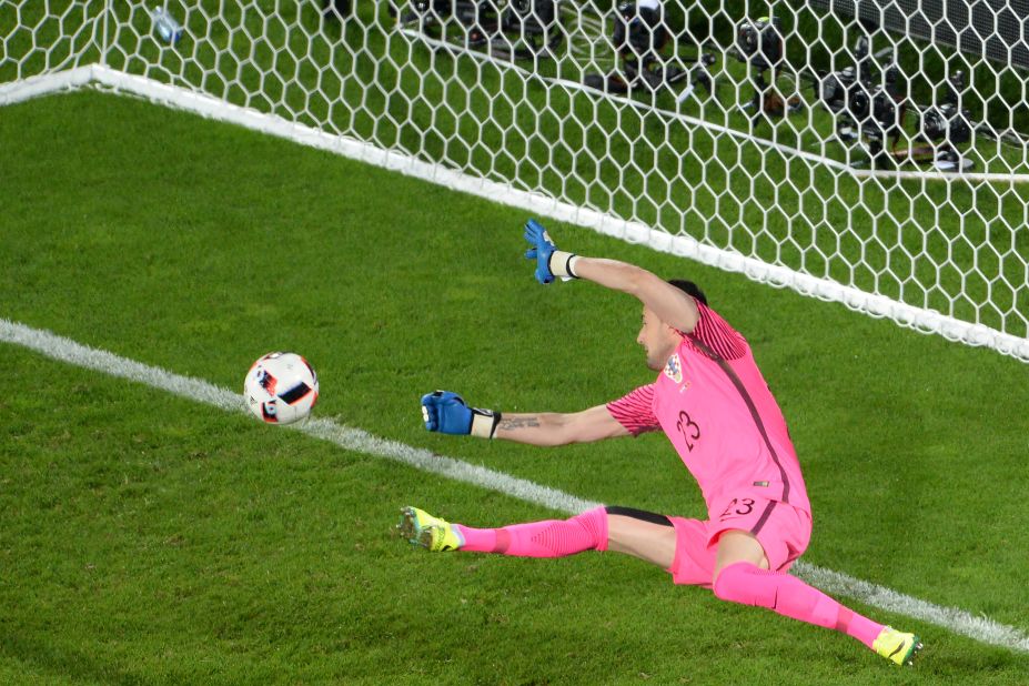 Croatia goalkeeper Danijel Subasic tries to stop Portugal's goal in extra time.