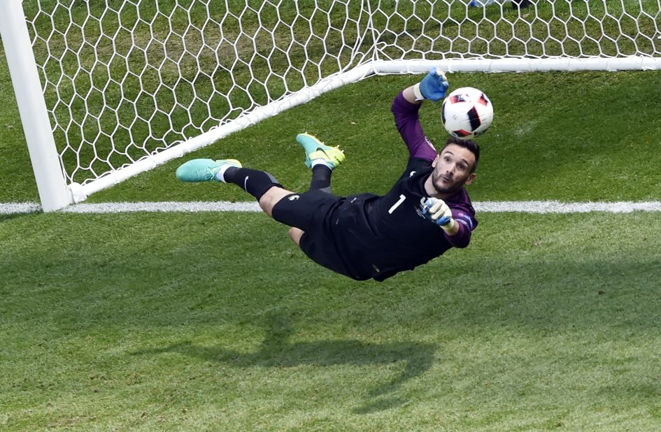 France's goalkeeper Hugo Lloris jumps for the ball.