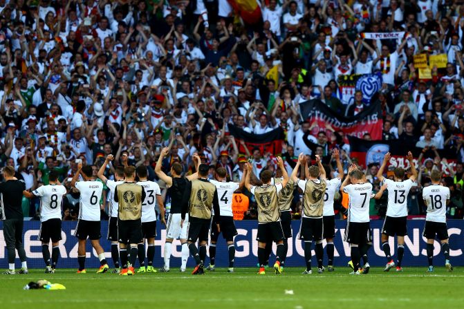 Germany players applaud their supporters after their 3-0 win over Slovakia at Stade Pierre-Mauroy on Sunday in Lille, France.  