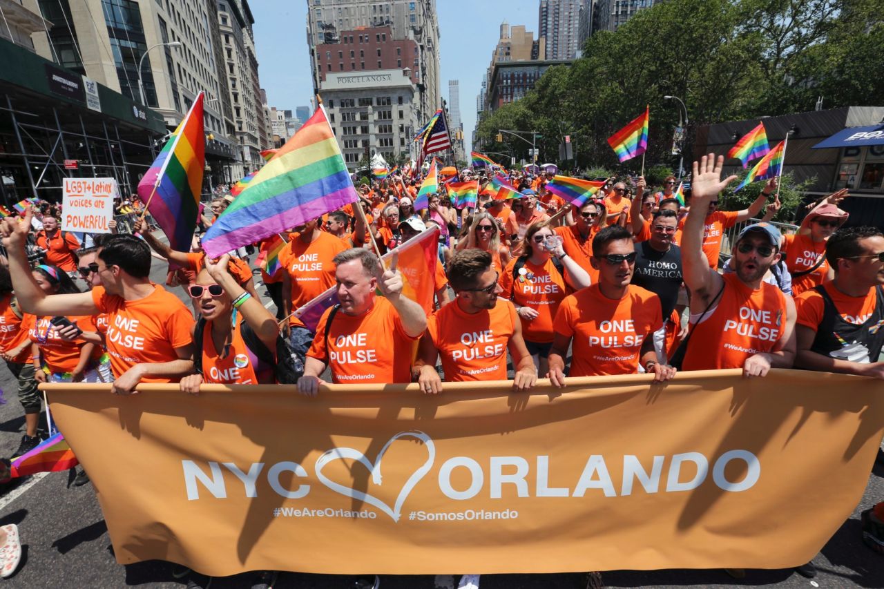 Participants walk along along Fifth Avenue during the New York City Pride Parade on June 26. 