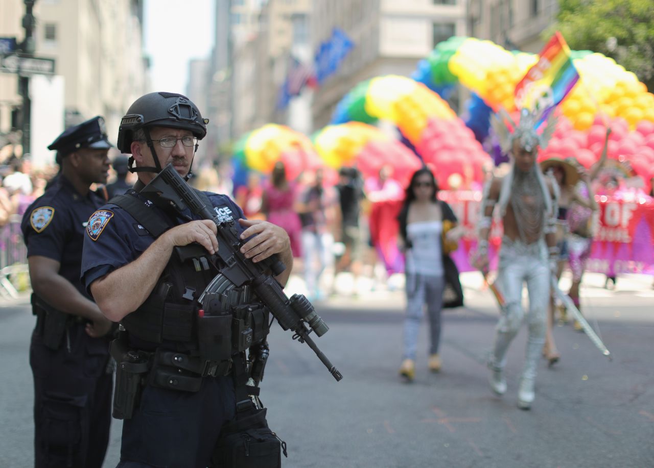 Security was heightened during New York's parade following the June 12 massacre at an Orlando gay nightclub.