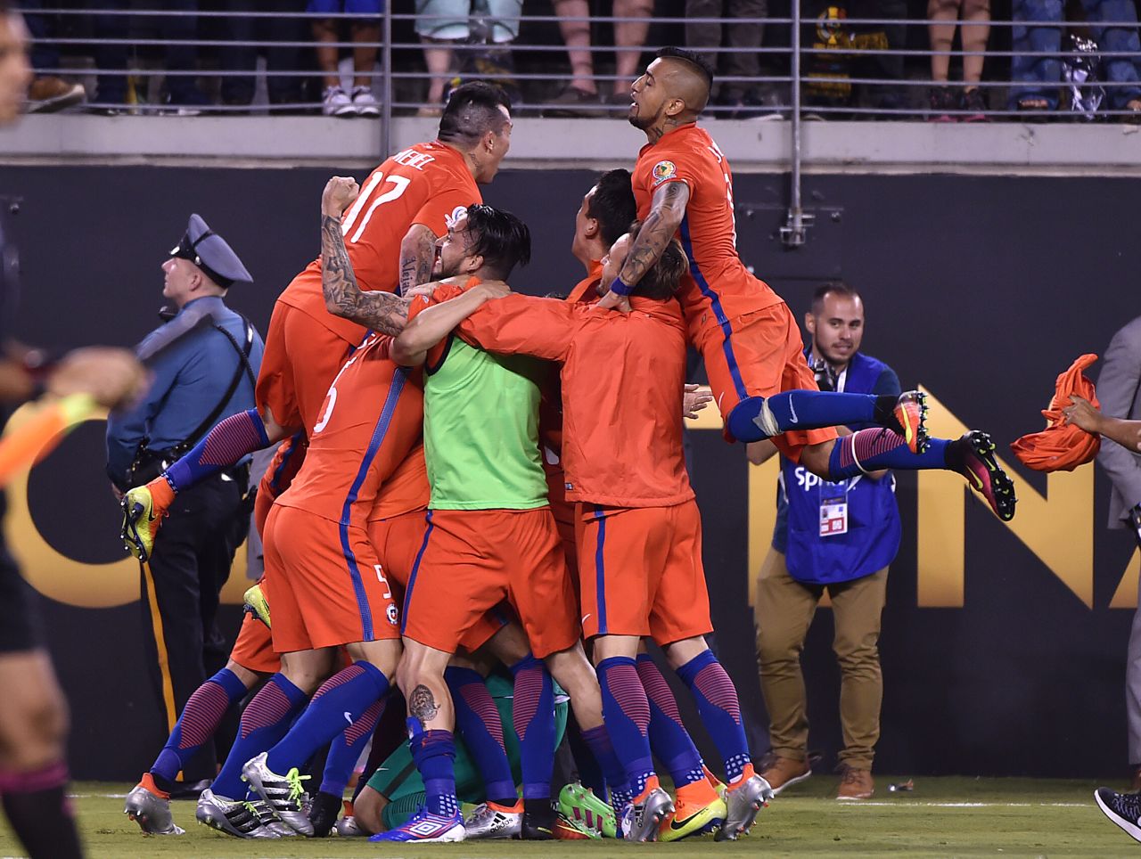 Chile's players celebrate after defeating Argentina in the penalty shoot-out and winning the Copa America Centenario final in East Rutherford, New Jersey, on Sunday, June 26.  
