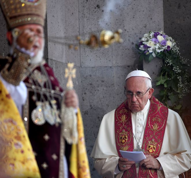 Pope Francis looks on as Catholicos of All Armenians Karekin II celebrates the Divine Liturgy at the Apostolic Cathedral in Etchmiadzin, outside Yerevan, Armenia, on June 26, 2016.