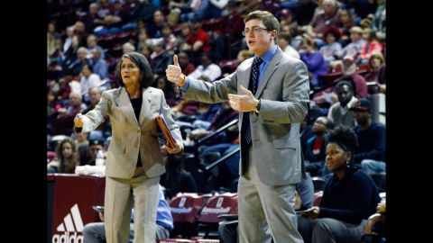 Tyler Summitt calls out to his Louisiana Tech players in December 2014 alongside associate head coach Mickie DeMoss, left, who spent two decades as an assistant at Tennessee under the his mother Pat Summitt.