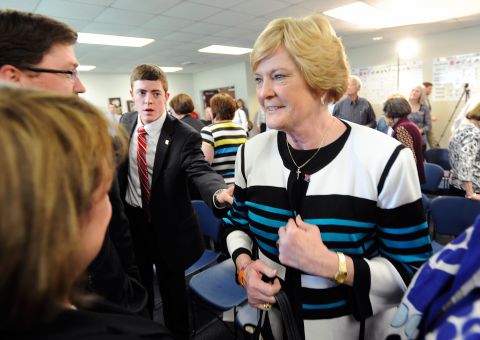 Tyler Summitt reaches for his mother after a press conference in April 2014 to announce Tyler Summitt as the new Louisiana Tech women's basketball coach in Ruston, Louisiana.