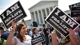 Anti-abortion activists hold placards before a US Supreme Court ruling on a Texas law placing restrictions on abortion clinics, outside of the Supreme Court on June 27, 2016 in Washington, DC.
In a case with far-reaching implications for millions of women across the United States, the court ruled 5-3 to strike down measures which activists say have forced more than half of Texas's abortion clinics to close. 