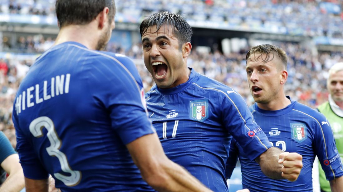 Chiellini celebrates with Eder, center.