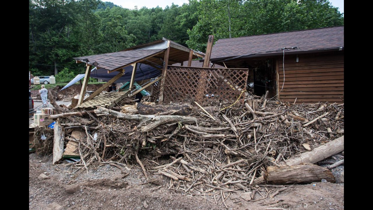 A building is damaged in Bergoo, West Virginia, on June 26.