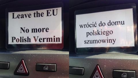 Photos of a racially abusive message, in Polish and English, distributed in Huntingdon, Cambridgeshire, on Friday June 24
