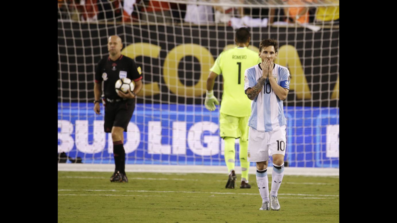 Argentina's Lionel Messi reacts after missing his shot in the penalty shootout against Chile on Sunday, June 26. Chile won the shootout 4-2 to edge Argentina in the final of the Copa America Centenario. After the match, Messi said he would retire from international soccer. Argentina has lost tournament finals in the last three summers: the World Cup final in 2014, the Copa America final in 2015 and now the Centenario.