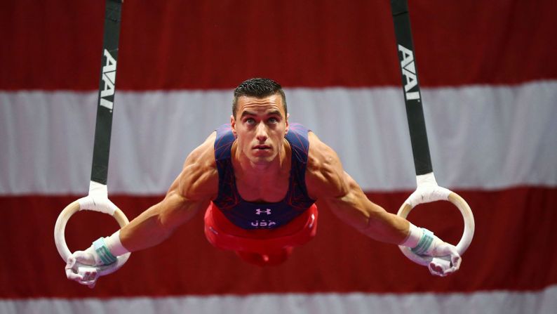 Jacob Dalton competes on the rings Thursday, June 23, during the U.S. Olympic Gymnastics Trials. He made the team and will compete at his second Olympics.