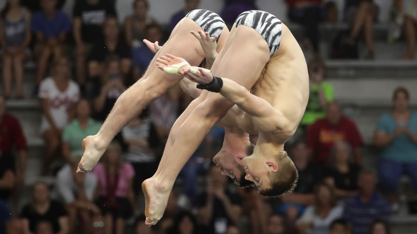 Synchronized divers Steele Johnson, right, and David Boudia compete in the 10-meter platform final at the U.S. Olympic Trials on Thursday, June 23. They won the event.