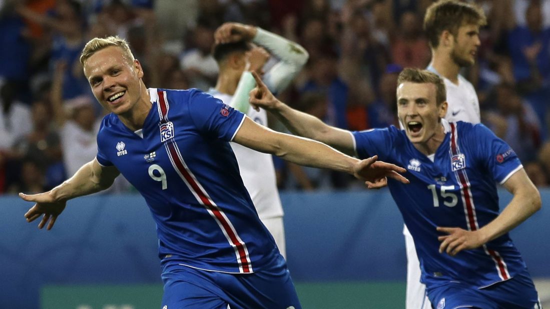 Kolbeinn Sigthorsson, left, celebrates after scoring Iceland's second goal in the 18th minute.