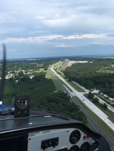 This was Sloane's view as he lined up for his first landing ever at the controls of an airplane at Florida's Orlando Apopka Airport. His flight instructor was sitting on his right, ready to take over, if needed. 