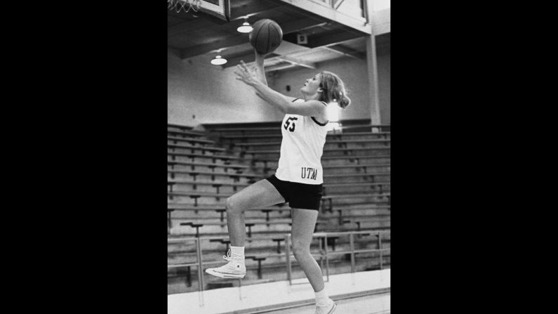 University of Tennessee-Martin Skyhawks women's basketball player Pat Summitt goes for the lay-up at the Elam Center in Martin, Tennessee, in the 1970s. 